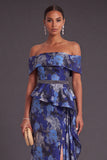 Black Floral Off the Shoulder Ruffled Mermaid Long Formal Dress with Slit