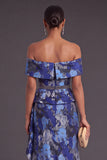 Black Floral Off the Shoulder Ruffled Mermaid Long Formal Dress with Slit