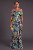 Black Floral Off the Shoulder Ruffled Mermaid Long Formal Dress with Slit