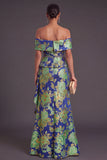 Black Floral Off the Shoulder Ruffled Mermaid Long Formal Dress with Slit