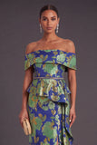 Black Floral Off the Shoulder Ruffled Mermaid Long Formal Dress with Slit