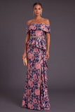 Black Floral Off the Shoulder Ruffled Mermaid Long Formal Dress with Slit