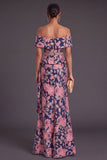 Black Floral Off the Shoulder Ruffled Mermaid Long Formal Dress with Slit