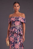 Black Floral Off the Shoulder Ruffled Mermaid Long Formal Dress with Slit