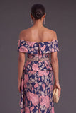 Black Floral Off the Shoulder Ruffled Mermaid Long Formal Dress with Slit