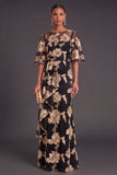 Black Champagne Floral Boat Neck A Line Long Formal Dress with Ruffles