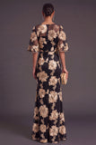Black Champagne Floral Boat Neck A Line Long Formal Dress with Ruffles