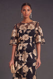 Black Champagne Floral Boat Neck A Line Long Formal Dress with Ruffles