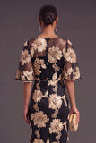 Black Champagne Floral Boat Neck A Line Long Formal Dress with Ruffles