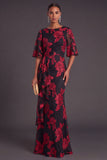 Black Champagne Floral Boat Neck A Line Long Formal Dress with Ruffles