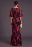 Black Champagne Floral Boat Neck A Line Long Formal Dress with Ruffles