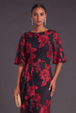 Black Champagne Floral Boat Neck A Line Long Formal Dress with Ruffles