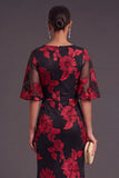 Black Champagne Floral Boat Neck A Line Long Formal Dress with Ruffles