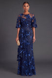 Black Champagne Floral Boat Neck A Line Long Formal Dress with Ruffles