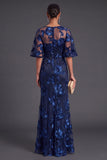 Black Champagne Floral Boat Neck A Line Long Formal Dress with Ruffles