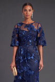 Black Champagne Floral Boat Neck A Line Long Formal Dress with Ruffles