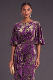Sage Green Floral Boat Neck Mermaid Long Formal Dress with Ruffles
