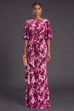 Sage Green Floral Boat Neck Mermaid Long Formal Dress with Ruffles