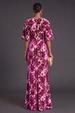 Sage Green Floral Boat Neck Mermaid Long Formal Dress with Ruffles