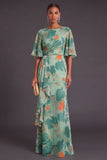 Sage Green Floral Boat Neck Mermaid Long Formal Dress with Ruffles