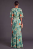 Sage Green Floral Boat Neck Mermaid Long Formal Dress with Ruffles