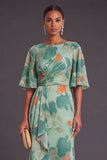 Sage Green Floral Boat Neck Mermaid Long Formal Dress with Ruffles