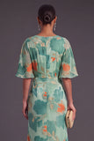 Sage Green Floral Boat Neck Mermaid Long Formal Dress with Ruffles