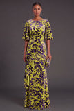 Sage Green Floral Boat Neck Mermaid Long Formal Dress with Ruffles