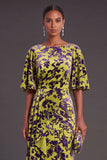Sage Green Floral Boat Neck Mermaid Long Formal Dress with Ruffles