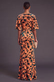 Sage Green Floral Boat Neck Mermaid Long Formal Dress with Ruffles