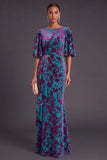 Sage Green Floral Boat Neck Mermaid Long Formal Dress with Ruffles
