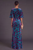 Sage Green Floral Boat Neck Mermaid Long Formal Dress with Ruffles