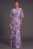 Sage Green Floral Boat Neck Mermaid Long Formal Dress with Ruffles