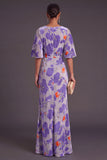 Sage Green Floral Boat Neck Mermaid Long Formal Dress with Ruffles
