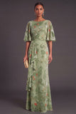 Sage Green Floral Boat Neck Mermaid Long Formal Dress with Ruffles