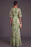 Sage Green Floral Boat Neck Mermaid Long Formal Dress with Ruffles