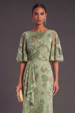 Sage Green Floral Boat Neck Mermaid Long Formal Dress with Ruffles