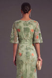 Sage Green Floral Boat Neck Mermaid Long Formal Dress with Ruffles
