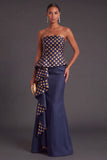 Gold Dot Strapless Mermaid Long Formal Dress with Ruffles