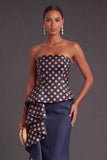 Gold Dot Strapless Mermaid Long Formal Dress with Ruffles