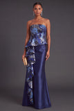 Gold Dot Strapless Mermaid Long Formal Dress with Ruffles