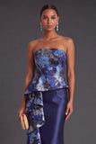 Gold Dot Strapless Mermaid Long Formal Dress with Ruffles