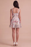 Ivory Floral Corset Thick Straps A-Line Short Cocktail Dress