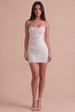 Ivory Sparkly Sequins Ruched Bodycon Corset Short Cocktail Dress