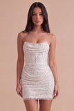 Ivory Sparkly Sequins Ruched Bodycon Corset Short Cocktail Dress