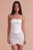 Ivory Floral Strapless Ruched Bodycon Corset Short Cocktail Dress