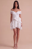 Ivory Floral Off the Shoulder Corset Ruffled Short Cocktail Dress with Bow