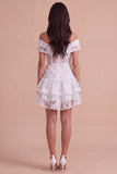 Ivory Floral Off the Shoulder Corset Ruffled Short Cocktail Dress with Bow