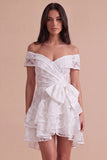 Ivory Floral Off the Shoulder Corset Ruffled Short Cocktail Dress with Bow