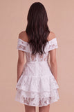 Ivory Floral Off the Shoulder Corset Ruffled Short Cocktail Dress with Bow